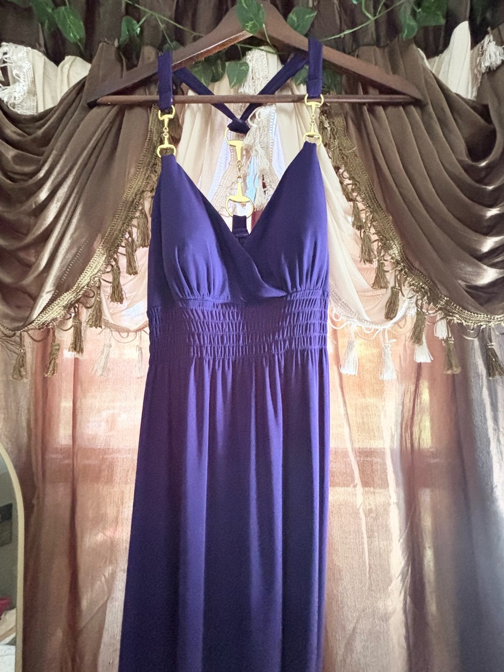 Purple Smocked Maxi Dress Gold Horsebit Strap Hardware - Boho Resort